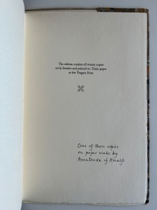 Special edition, out-of-series, colophon page