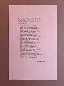 Amanda M. Ros, On visiting Westminster Abbey a 'reduced dignity' invited me to muse on its merits. [1974]